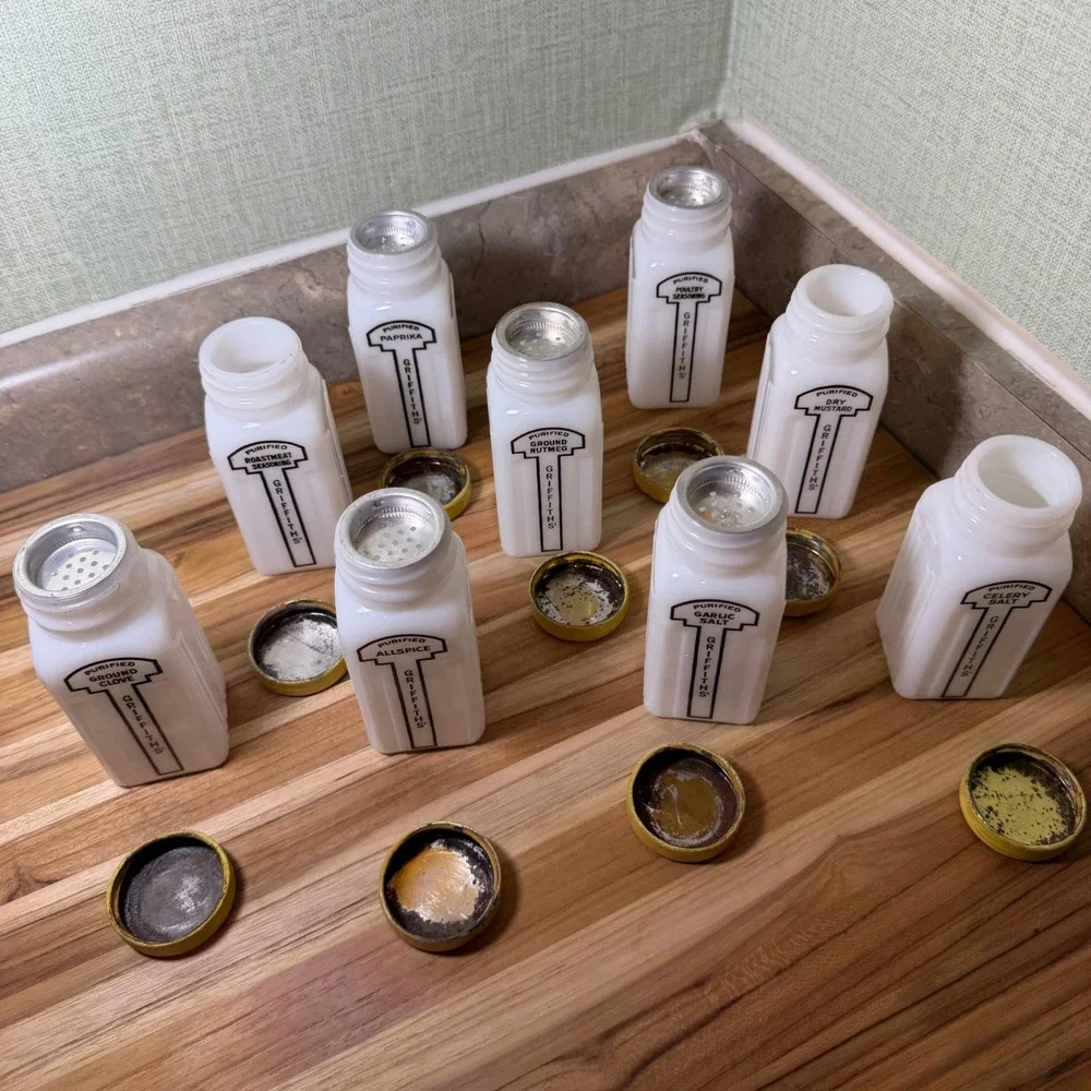 Vintage Griffiths Milk Glass Spice Jars Set of 9 White Art Deco Yellow Lids